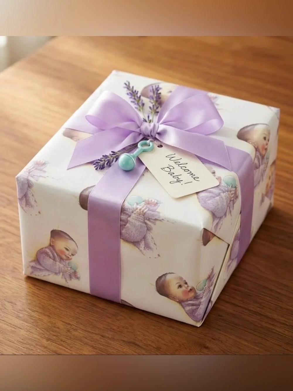 Vtg Carlton Cards Retro Nursery Baby with Rattle Gift Wrap Paper New Sealed